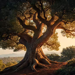 the tree is standing on a cliff beside a trail