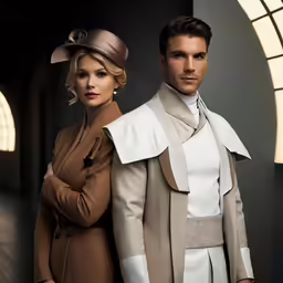two people dressed in suits and hats standing next to each other