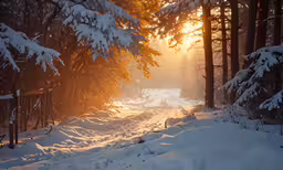 a snowy road in the woods near pine trees