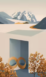 an image of an art piece with trees and mountains in the background