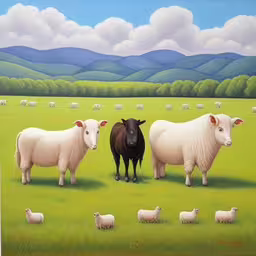 some black and white sheep and some brown and black cows,a herd of sheep standing on top of a grass field
