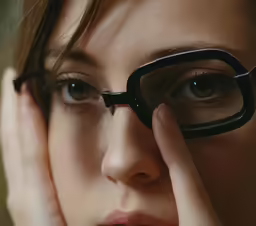 a woman with her eyes covered by black frames