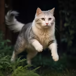 a cat jumping up in the air with its front paws