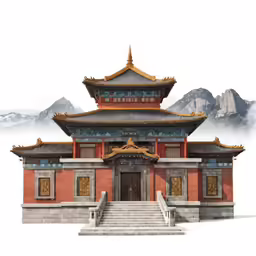 a temple with mountains in the background and clouds rolling over