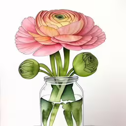 an artistic painting shows a flower in a jar,a watercolor painting of pink flowers in a glass jar