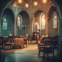 a fancy restaurant with a bunch of wooden tables and chairs