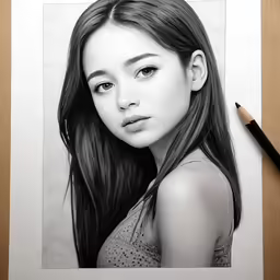 the girl with a ponytail is drawn in pencil