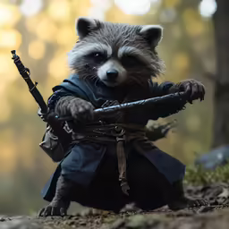 the toy raccoon is holding a sword with its hands