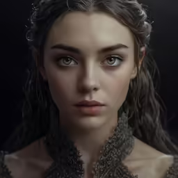 a woman with very large eyes and braids looks to the side