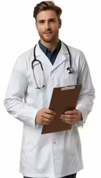 man in white lab coat standing holding clipboard