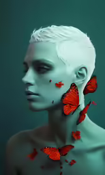 a woman with a white hair and some red butterflies on her ear