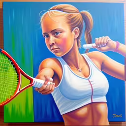 a painting of a tennis player is displayed,a woman holding a tennis racket next to a painting of another woman