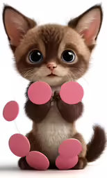 a small brown cat sitting on the ground with pink circles around it