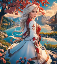a pretty blonde girl in a red and white dress standing by flowers