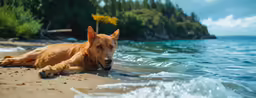 an alert dog lies down on the sand near the water