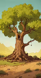 a cartoon image of a tree house in a huge, dead tree,a cartoon image of a tree with some animals