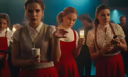 three women in dresses hold candles in front of them