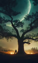 silhouette of two people sitting underneath tree with glowing moon in the background