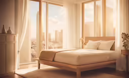 a bed in a room with a view of the city