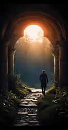 man walking towards an arch at the end of a path in a wooded area