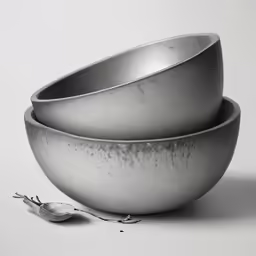 this black and white photo shows three bowls with spoons