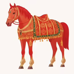 a red horse with an elaborate, colorful, and gold blanket