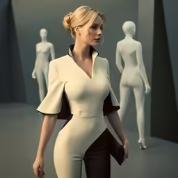 a woman in black and white standing in front of mannequins