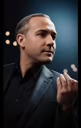 man in a suit and black shirt with hands crossed looking intently at something