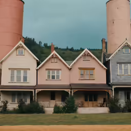 several houses line a hill near a red silo