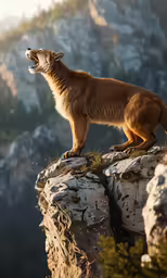 a brown cat standing on top of a rock cliff