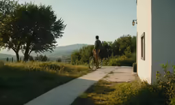 a man standing on the road in front of trees
