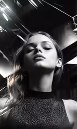 a woman that is wearing a top and has hair in the wind