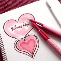 two pink hearts are in a notebook with the words valentine