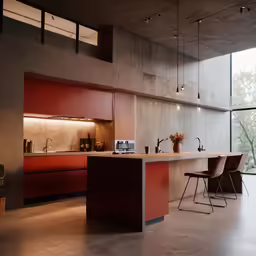 a kitchen with orange cabinets and counter top