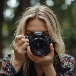 a woman is holding a camera and taking a picture