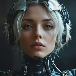 a portrait of a woman with heavy gear on her face