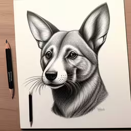 a pencil drawing of a dog head,an animal has been drawn in a pencil