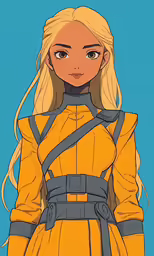 the anime girl has a bright yellow coat and blue jeans