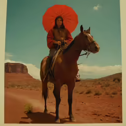 a woman wearing a red umbrella is riding a horse
