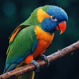 a multicolored bird perched on top of a wooden branch