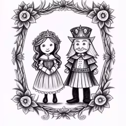 a couple in costume stand together in a frame with a sunflower,a couple of children dressed up as a king and queen
