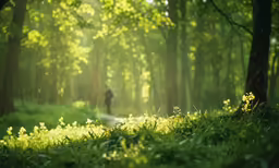a person walking in a forest with green leaves on the ground