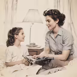 two women in bed sitting, talking to each other