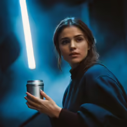 a woman holding a coffee cup and light saber in her hand