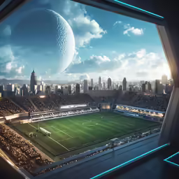 a stadium overlooking a huge cityscape in an alien world