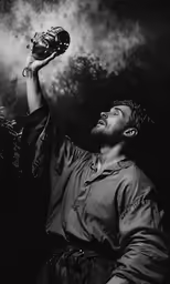 black and white photograph of a man raising his hands up