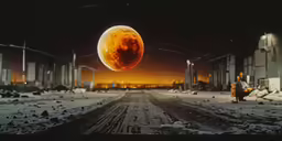a man walking on a snow covered road towards an orange eclipse
