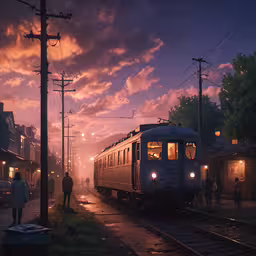 two people on side walk looking out the train windows,a train is moving down the tracks in an industrial area