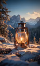 an old lantern with a candle sits on the ground in front of snow covered mountains