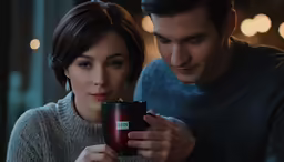 a couple looking at something on a mug in a darkened room